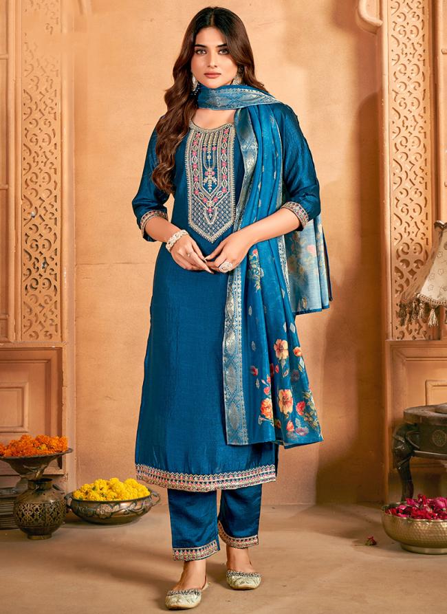 Vichitra Silk Sky Blue Traditional Wear Embroidery Work Readymade Kurti Set